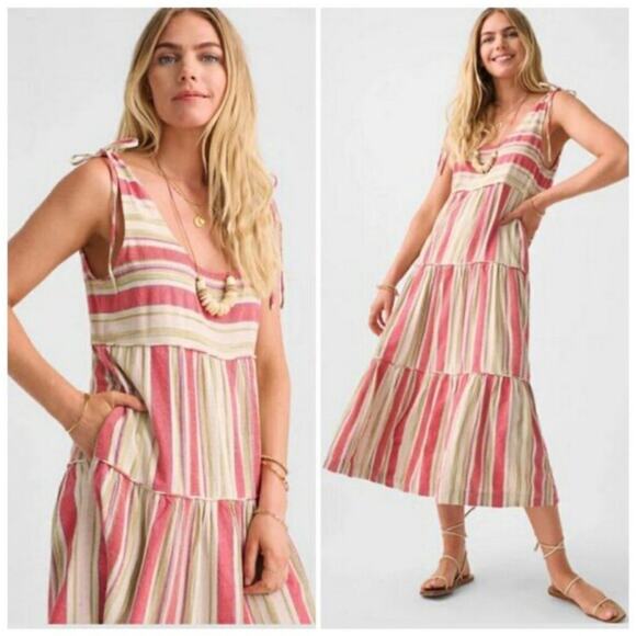 FAHERTY Lanai Linen Cotton Blend Striped Boho Sleeveless Tie Shoulder Dress XL - Picture 14 of 16